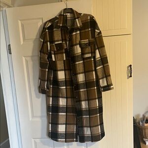Plaid Longline Coat - Brown and Cream. Have side pockets too !!